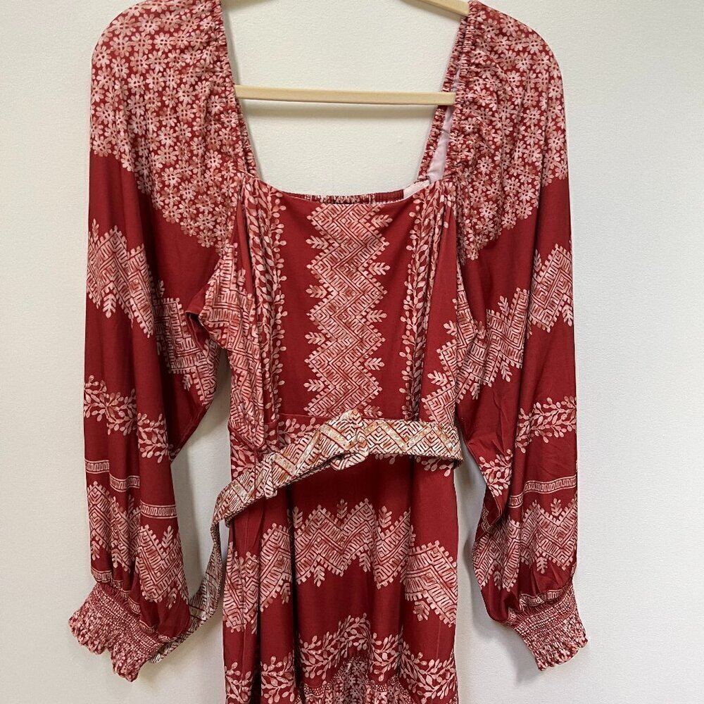 NEW Hale Bob Women's Grazia Jersey Mini Dress Red Print Belted Balloon Sleeve L